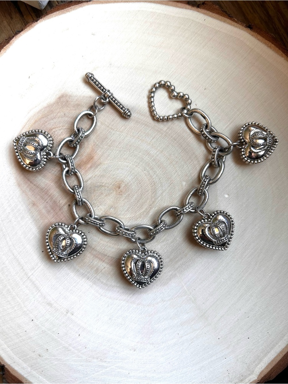 Silver Heart Charm Bracelet with Crown Accents